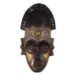 Lovely Crown,'Handcrafted African Wood Mask with Brass and Aluminum'