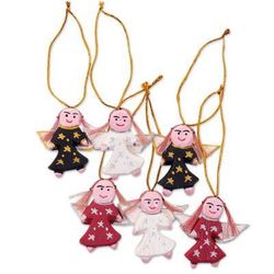 Wood ornaments, 'Angel Troupe' (set of 6)