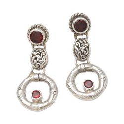 Red Bamboo,'Sterling Silver and Garnet Javanese Dangle Earrings'