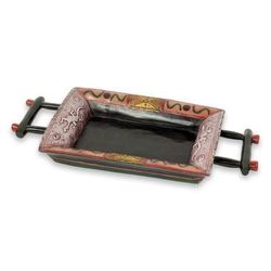 Dagomba Lizards,'Embossed African Decorative Tray in Wood and Aluminum'