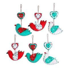 'Heart and Bird-Shaped Wool Ornaments (Set of 6) from India'
