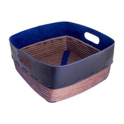 Bold Blue Beauty,'Leather and Pine Needle Decorative Basket from Nicaragua'