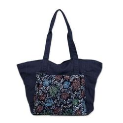 Gleeful Garden,'Handmade Navy Cotton Batik Tote Bag from Indonesia'