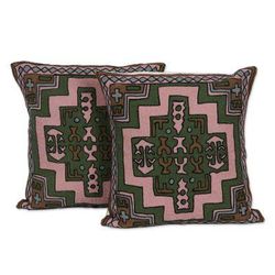 Spring Geometry,'Embroidered Geometric Motif Cotton Cushion Covers (Pair)'