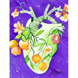 Heart with Pomegranates,'Heart with Pomegranates Watercolor and Acrylic on Paper'