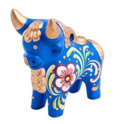 Blue Pucara Bull,'Hand Painted Blue Ceramic Bull Sculpture Floral from Peru'