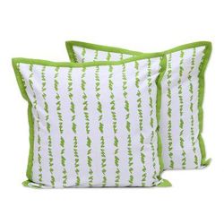Green Grass,'Green and White Cotton Printed Grass Pair of Cushion Covers'