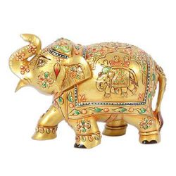 'Wood Figurine of Golden Elephant Hand-Painted in India'
