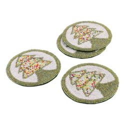 Pine Boughs,'Green and White Tree Motif Beaded Felt Coasters (Set of 4)'
