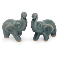 Celadon ceramic figurines, 'Lucky Blue Elephants' (pair)