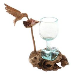 Hummingbird Wine,'Handblown Glass and Jempinis Wood Hummingbird Sculpture'
