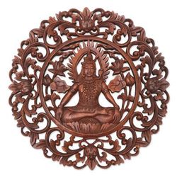 Sacred Shiva,'Brown Suar Wood Leafy Relief Panel of Sage Shiva'