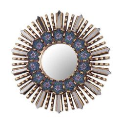 Cuzco Blue,'Floral Reverse Painted Glass and Wood Wall Mirror'