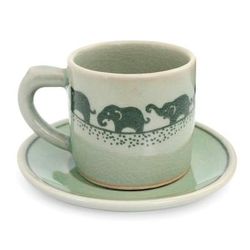 Celadon ceramic demitasse cup and saucer, 'Prancing Elephants'
