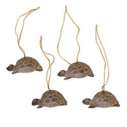 Royal Turtle,'Set of 4 Handmade Brown Coconut Shell Turtle Ornaments'