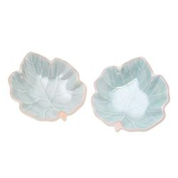 Ivy Leaves,'Leaf-Shaped Celadon Ceramic Serving Bowls (Pair)'