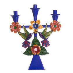 'Hummingbird-Themed Recycled Metal Candelabra in Blue'
