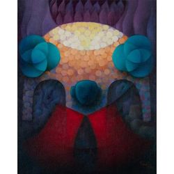 Sipán I,'Signed Expressionist Blue and Purple Oil Painting from Peru'
