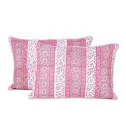 Climbing Mughal Rose,'Pink and White Floral Stripe Pair of Cotton Cushion Covers'