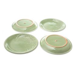 'Rice-Themed Celadon Ceramic Plates from Thailand (Set of 4)'