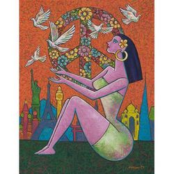 'Signed Unstretched Peace-Themed Expressionist Painting'