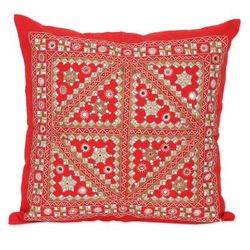 Cardinal Constellation,'Embroidered Geometric Red Cotton Cushion Cover from India'