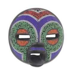 'Multi-Colored Recycled Glass Bead and Sese Wood African Mask'