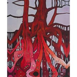Red Roots with Gold,'Signed Surrealist Giclée Artwork of Trees in Red from Mexico'