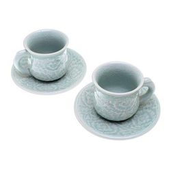 Tea Flowers,'Celadon Ceramic Cup and Saucer Set from Thailand (Pair)'