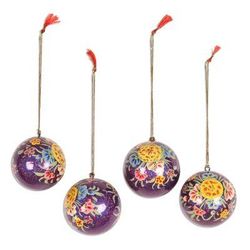 Mughal Holiday in Purple,'Beautiful Floral Papier Mache Ornaments (Set of 4)'