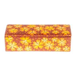 'Hand-Painted Orange Decorative Wood Box with Floral Details'