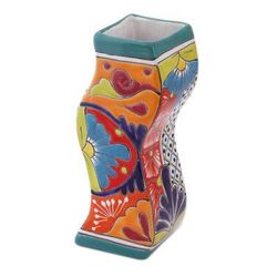 Wavy Talavera,'Wavy Talavera-Style Ceramic Floral Vase from Mexico'