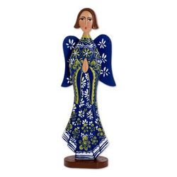 Blue Archangel Gabriel,'Cedar Hand Painted Blue Angel Figure from Nicaragua'