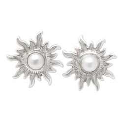 Pearly Sunlight,'Polished Sterling Silver Sun Button Earrings with Pearls'