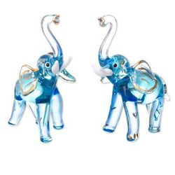 Gilded Elephants in Light Blue,'Gilded Blown Glass Elephant Figurines in Light Blue (Pair)'