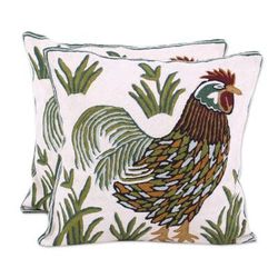 Rooster Crow,'Two Embroidered Cushion Covers with Roosters from India'