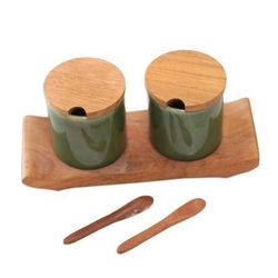Green Start,'Green Ceramic and Teak Wood Condiment Set (5 Pieces)'