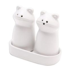 Fanciful Frogs in White,'Matte White Ceramic Frog Salt and Pepper Shakers with Tray'