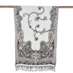 Misty Glory,'Hand-Embroidered Wool Shawl with Grey Paisley Details'