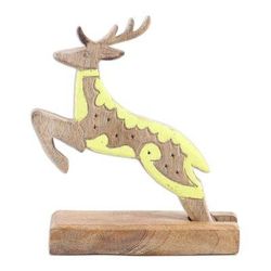 'Hand-Carved Mango Wood Reindeer Sculpture with Yellow Tones'