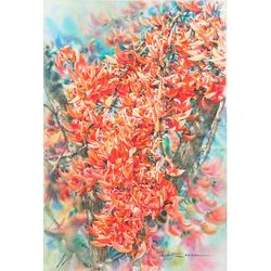Bastard Teak,'Signed Stretched Impressionist Watercolor Painting of Tree'