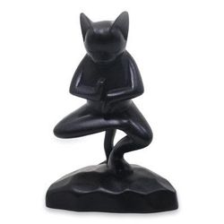 Wood sculpture, 'Vrkasana Black Cat'
