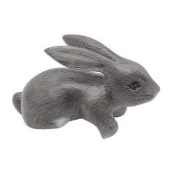 Curious Rabbit in Grey,'Hand Carved Wood Bunny Statuette in Grey'