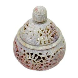 Floral Cream,'Hand Crafted Indian Soapstone Jar and Lid with Floral Motifs'