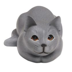 'Hand-Carved Resting Wood Cat Sculpture in Grey from Bali'