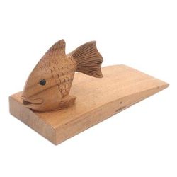 Helpful Goldfish in Brown,'Handcrafted Suar Wood Fish Doorstop in Brown from Bali'