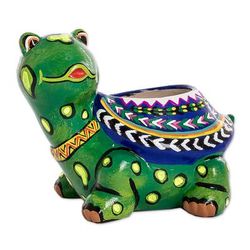 'Hand-Painted Small Turtle Ceramic Flower Pot from Guatemala'