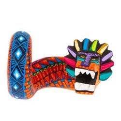 Orange Quetzalcoatl Spirit,'Painted Orange and Blue Quetzalcoatl Copal Wood Figurine'