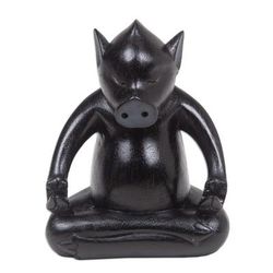 Gentle Master at Night,'Handmade Black Suar Wood Pig Statuette from Bali'