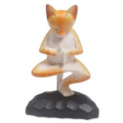 Yoga Kitty in Orange,'Meditating Wood Cat Statuette in Orange and White from Bali'